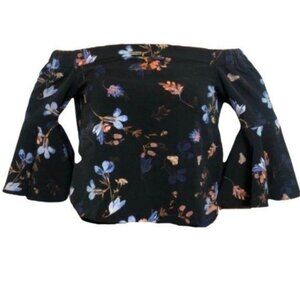 Topshop Bell Sleeve Off the Shoulder Top Black Size 8 Womens Floral